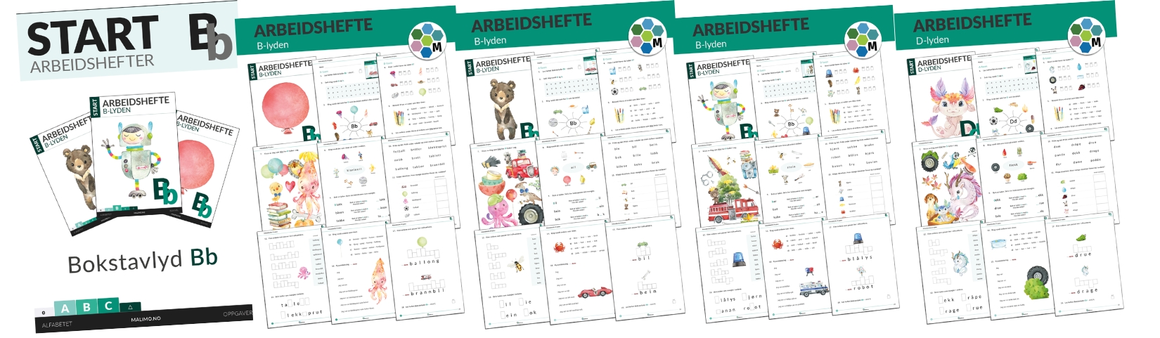 Nivådelte alfabethefter gir god lesetrening i begynneropplæringen. 90%-hefter. Fire nivå. Ord-bildeforhold med førstelyd, midtlyd og sistelyd