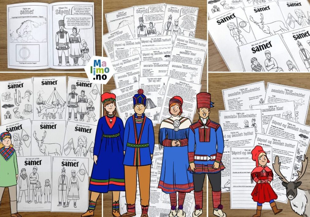 Bildet viser utdrag av sider fra arbeidshefte om samisk kultur og tradisjoner