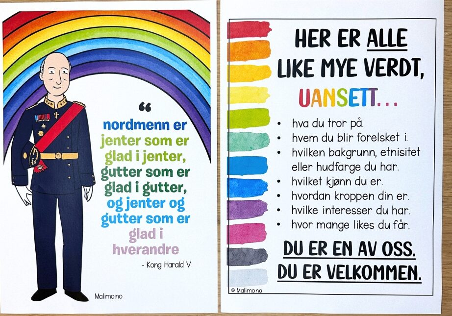 Last ned Malimo sine gratis plakater som fremmer likeverd og toleranse i klasserommet og ellers. Gjør miljøet trygt for LHBT-ungdom!